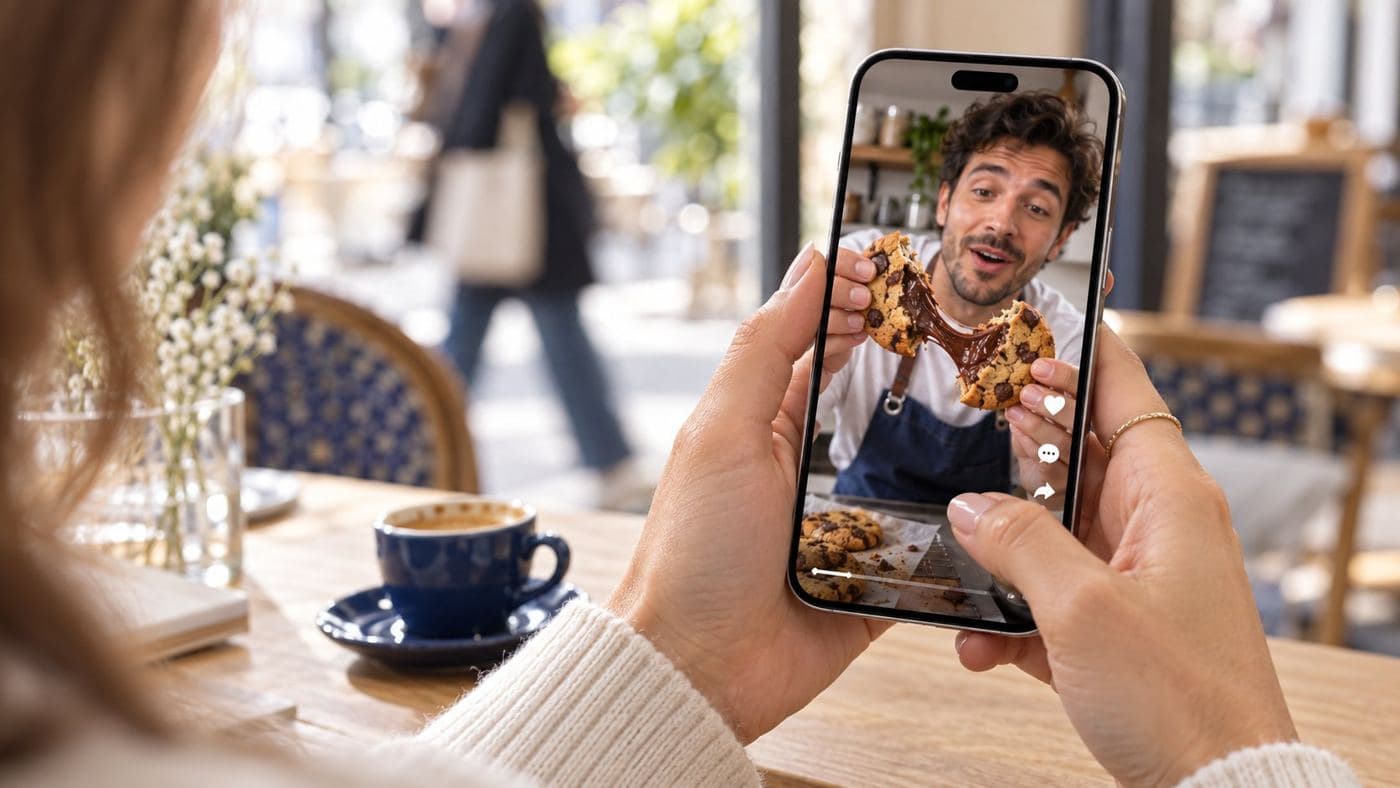 Une personne regarde sur son téléphone une vidéo verticale d'un cookie coupé en deux