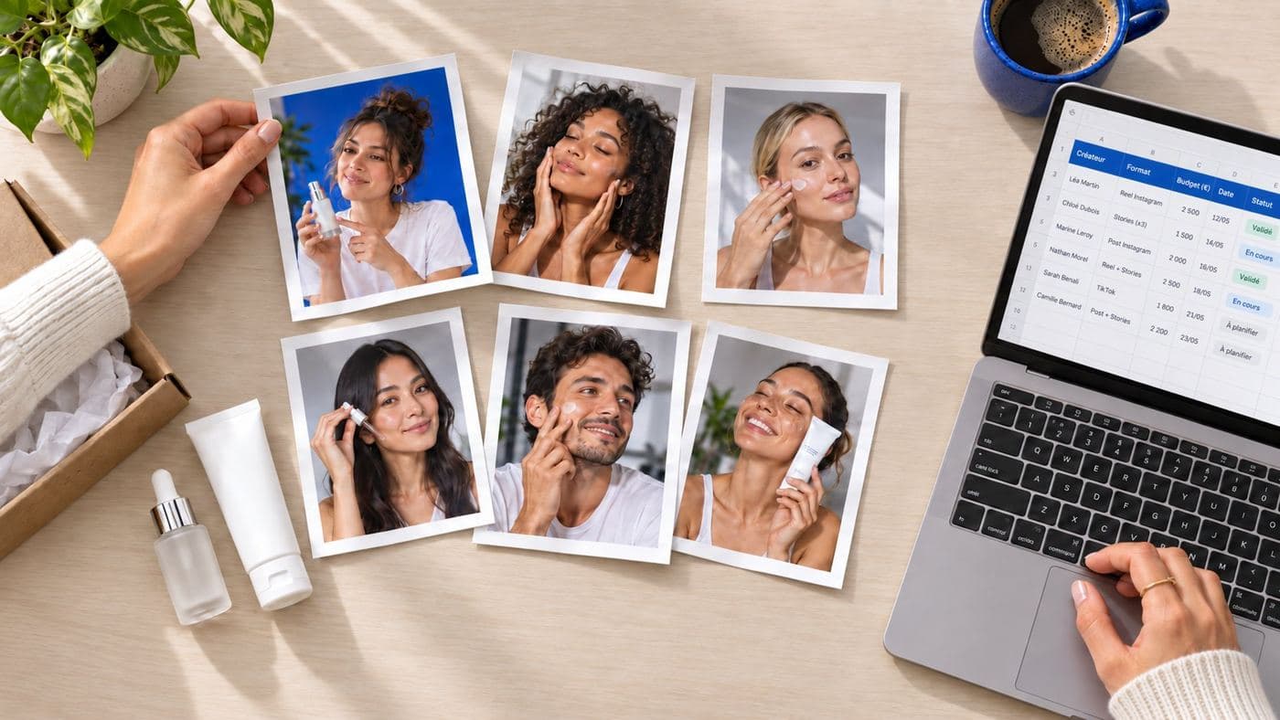 Sélection de créatrices et créateurs skincare disposée sur un bureau, à côté d'un tableau de suivi par créateur, format, budget et statut