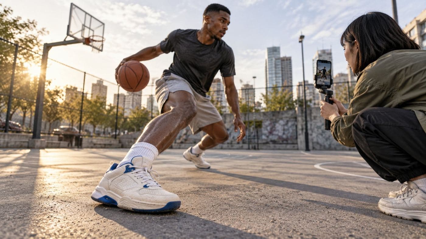 Une créatrice filme au smartphone un joueur de basket, la chaussure au premier plan