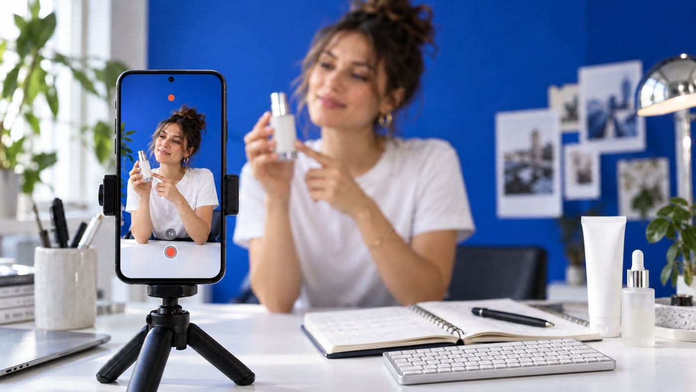 Une créatrice filme au smartphone un produit cosmétique pour une campagne d'influence