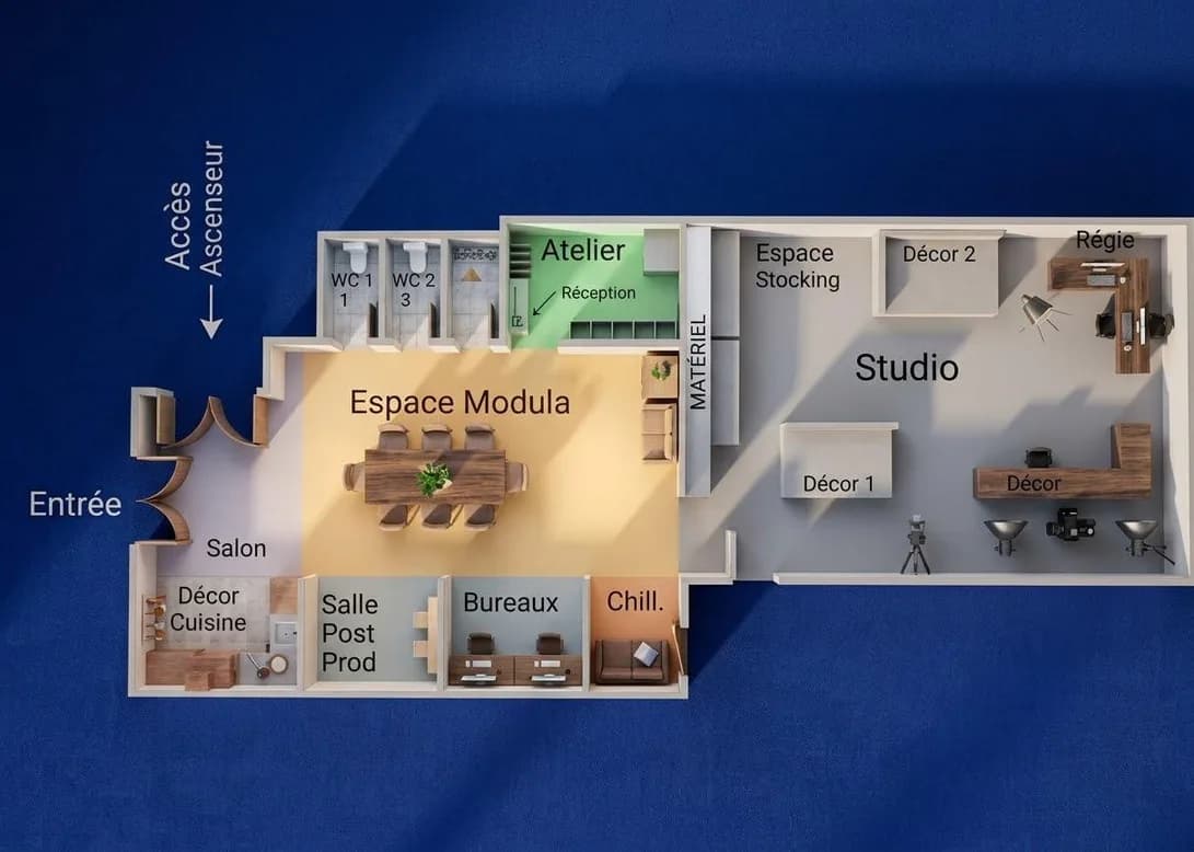 3D floor plan of Gust Studios: entrance, lounge, kitchen, post-production, offices, modular space, workshop, storage, studio and control room